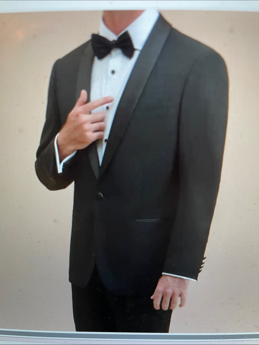 Men’s single button black wool/satin tuxedo jacket